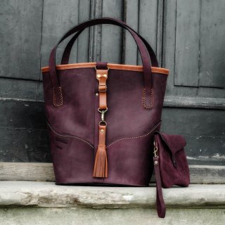 Torebka skórzana w stylu vintage od Ladybuq Art, Julia w kolorach Śliwkowym z akcentami w kolorze Rudym